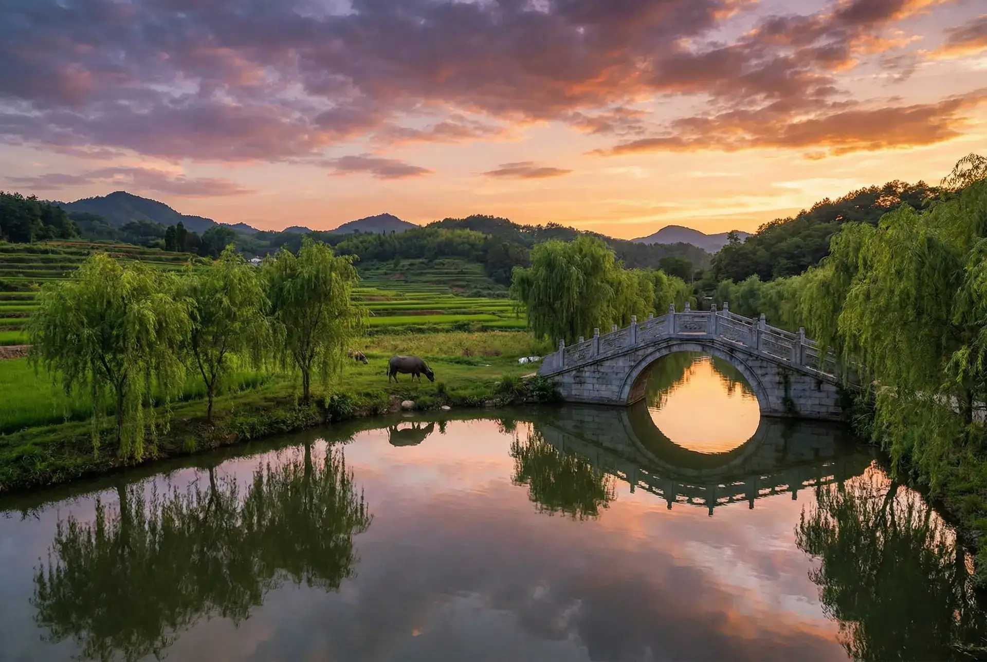 夕阳下的石拱桥与垂柳，水牛在河边吃草 - 蓝色大海的传说在哪看 乡村美景